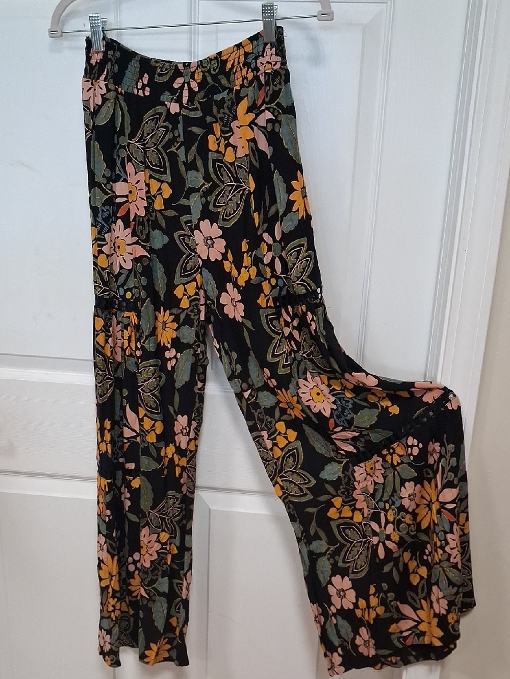 Angie Black Wide-Leg Floral Pants with Pink and Mustard Blooms